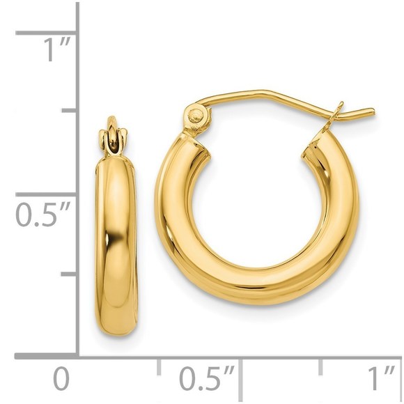 14k Yellow Gold Polished 3mm Tube Hoop Earrings 15 L x 3 mm W